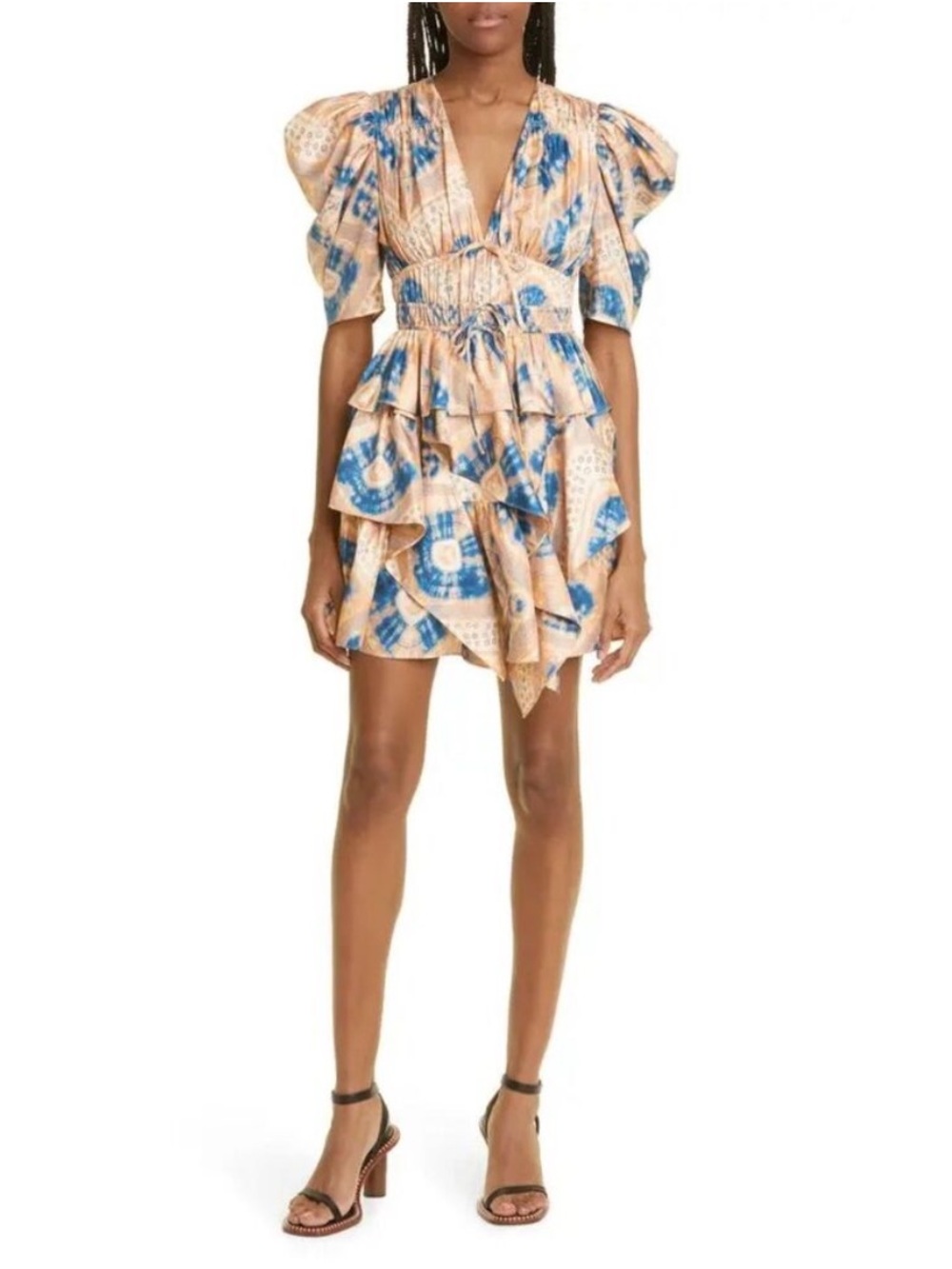 ULLA Johnson Zita Dress Fossil Tiered Ruffle Mini Dress Statement Sleeve Size 16